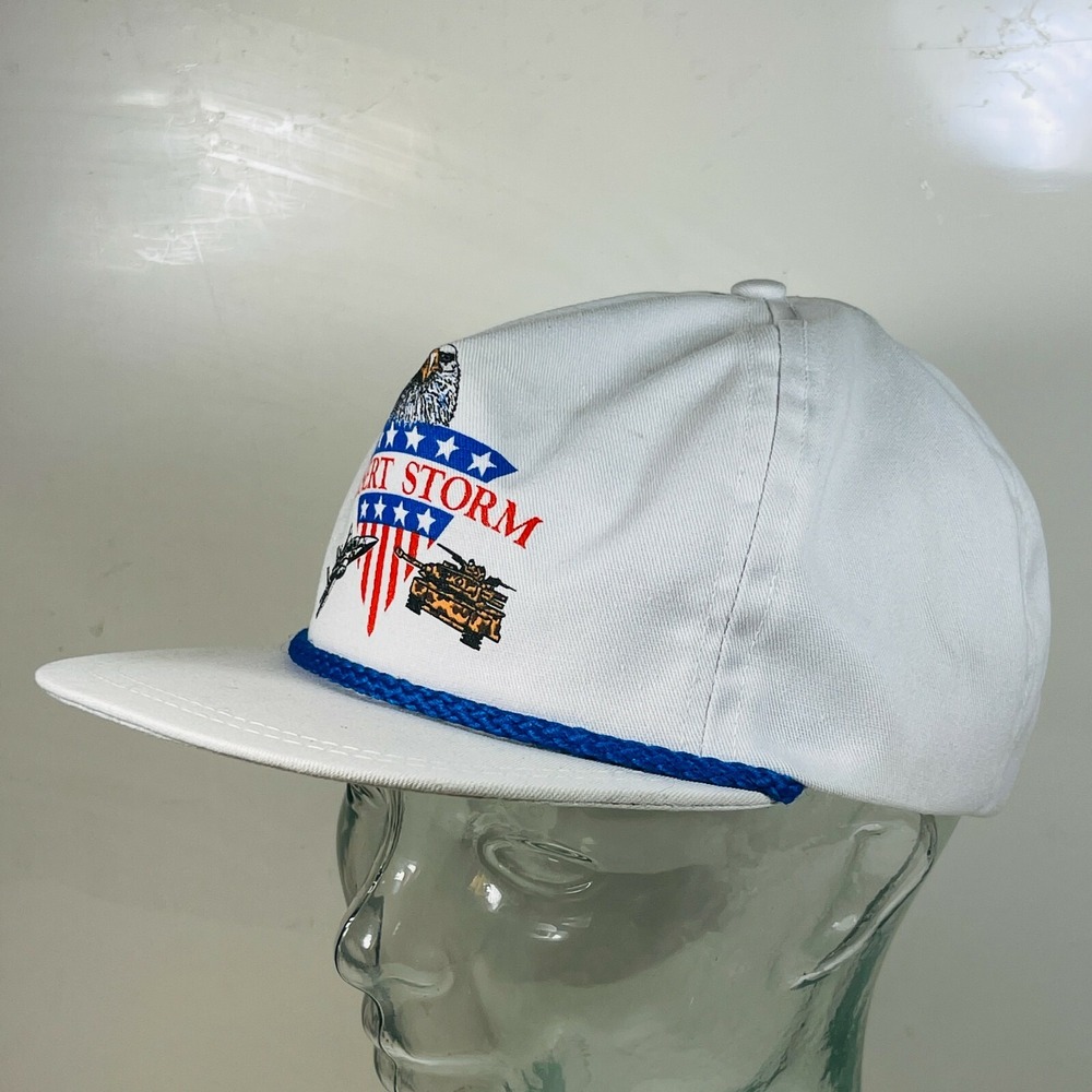 Vintage Desert Storm Military Rope Hat White Snapback Eagle Jet Tank Graphic Cap - Picture 3 of 7
